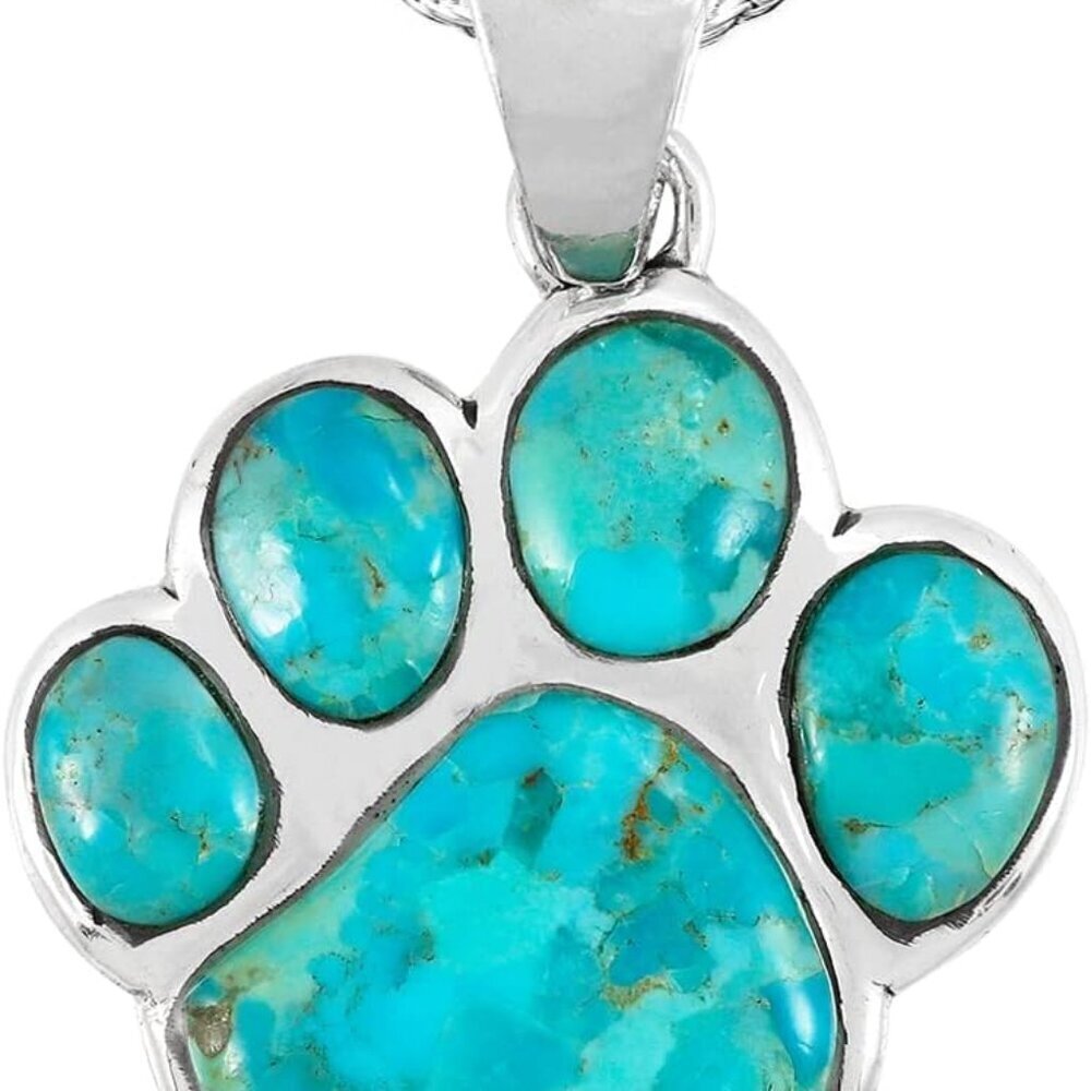 Dog or Cat Paw Necklace Sterling Silver Genuine Turquoise 20" Chain